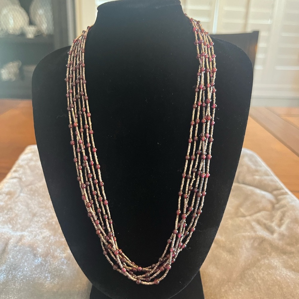 Multi Strand Beaded Necklace Silver Tone Deep Plum Long Statement - Picture 3 of 7